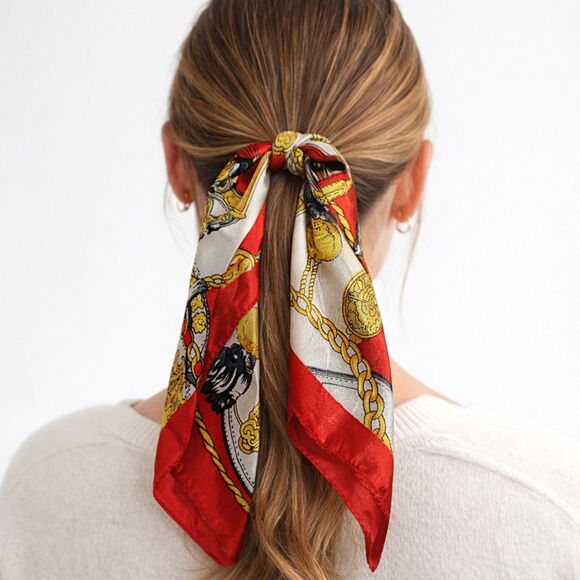 Accessories - LP Crystal Collection Satin Hair Scarf Red Gold Chain Print Twilly Ponytail